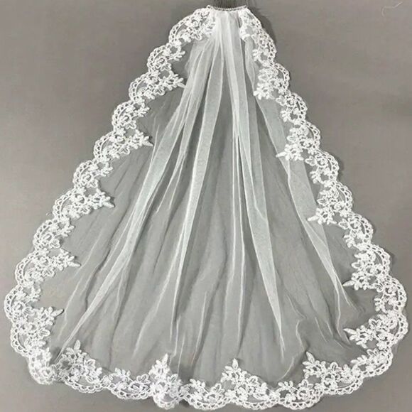 Embroidered Lace and Gems Edge Fingertip Bridal Wedding Veil White With Comb - Picture 6 of 8